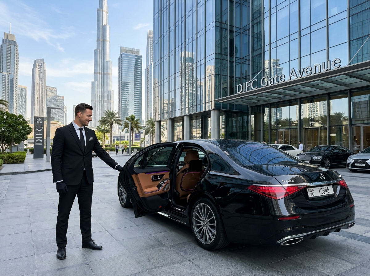 Executive corporate chauffeur in Dubai opening luxury Mercedes S-Class door at DIFC - DriveEase