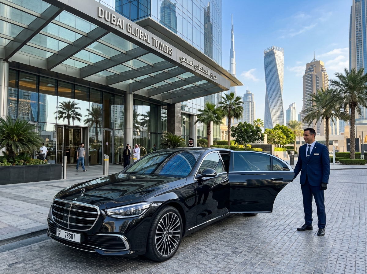 DriveEase executive corporate chauffeur fleet outside Dubai business tower