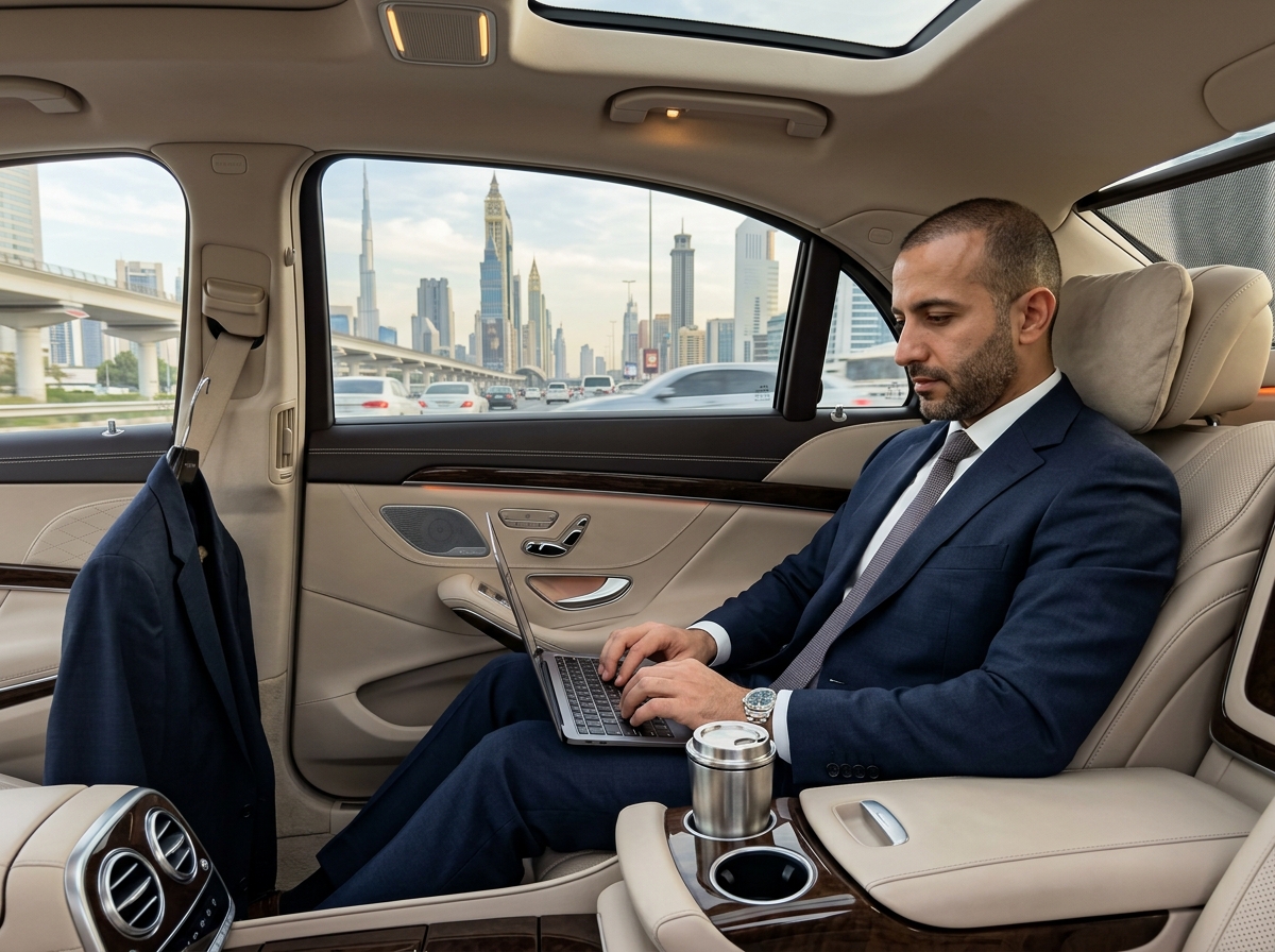 Business executive working in chauffeur-driven luxury car backseat in Dubai - DriveEase
